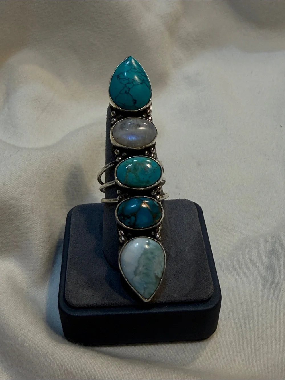 Handmade Sterling Silver Turquoise, Moonstone and Larimer Ring
